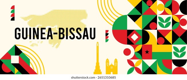 Banner geométrico colorido da Guiné-Bissau com símbolos culturais e elementos de bandeira