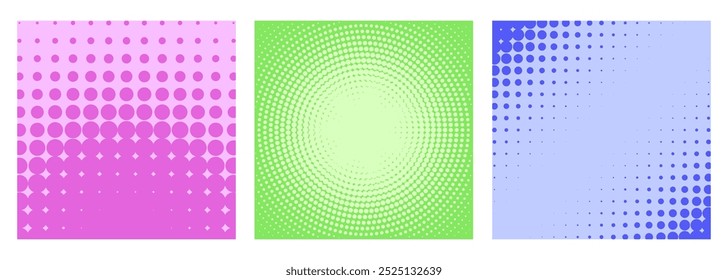 Colorful geometric halftone patterns in pink, green, and blue arranged in three square panels