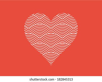 Colorful geometric heart shape symbol described by seamless repetitive vector curvy waves pattern texture background vector graphic illustration isolated on white background