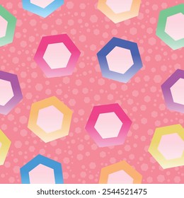 Colorful geometric hexagon seamless pattern on pink background