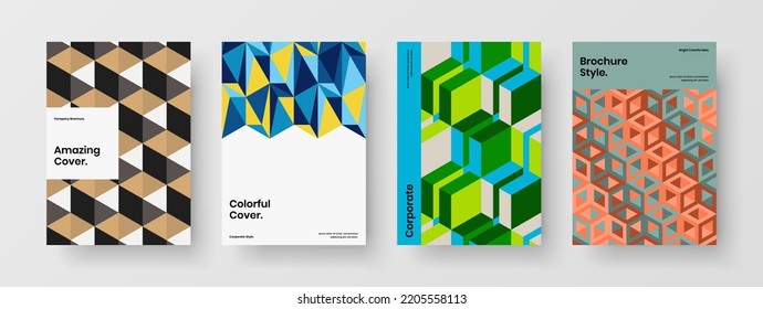 Colorful geometric hexagons handbill template set. Multicolored corporate cover design vector concept bundle.