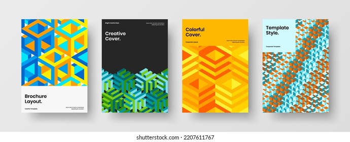 Colorful geometric hexagons magazine cover template bundle. Fresh presentation A4 design vector concept composition.