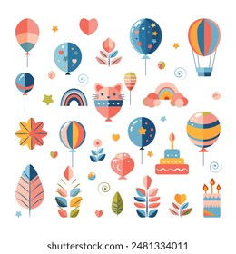 Colorful geometric icons for a birthday celebration including balloons flowers fnd hearts rainbows, a cat hot air balloon a birthday cake leaves and stars in pastel shades on a white background