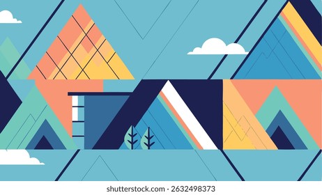 Colorful geometric illustration featuring abstract shapes and patterns, including mountains, trees, and clouds, creating a vibrant and modern landscape design with artistic flair