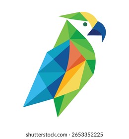 Uma ilustração geométrica colorida de um papagaio é centrada em um fundo branco. O papagaio é construído de várias formas geométricas, principalmente triângulos, em tons de azul, verde, amarelo, laranja