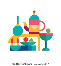 Colorful geometric illustration of a tea party with teapot, fruits, and cocktail glass.