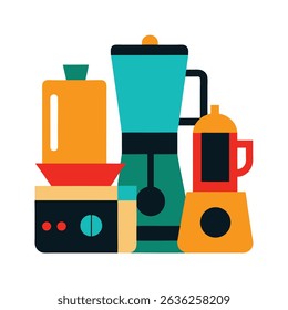 Colorful geometric illustration of various kitchen appliances and electronic devices for cooking
