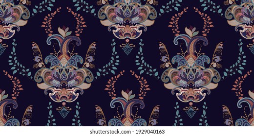 Colorful geometric indian seamless pattern. Arabian abstract wallpaper. Symmetrical floral background. Vector paisley pattern. Indian folk decoupage. 