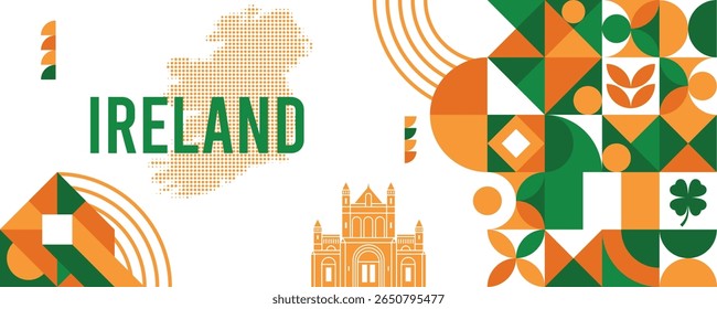Colorful Geometric Ireland Banner with Cultural Symbols and Flag Elements