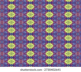 Padrão caleidoscópio geométrico colorido com simetria repetitiva e formas abstratas. Fundo de mosaico decorativo inspirado na arte digital e design têxtil moderno.
