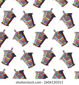 Colorful Geometric Lantern Pattern with Striped Design on White Background. Concept of Vibrant Decor, Abstract Shapes, Festive Lighting, Street lamps, Minimalist Style. Print, Wallpaper.