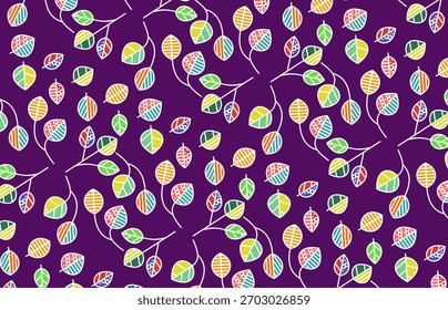 Colorful Geometric Leaf Pattern on Purple Background – Seamless Botanical Design
