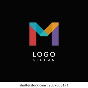 Colorful geometric letter M with overlapping shapes, modern vibrant logo design for tech company, creative agency, architecture design studio, startup looking bold brand identity. Vector illustration