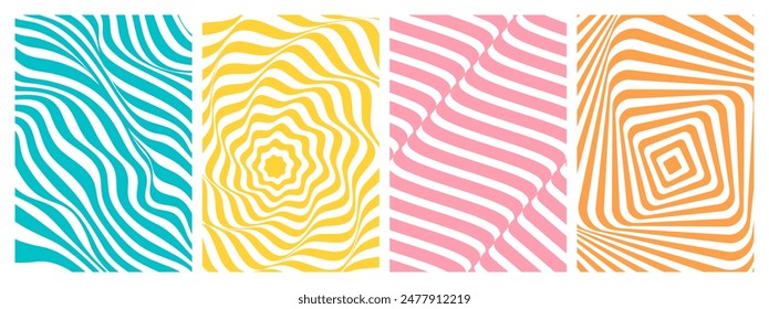 Colorful geometric line patterns. Abstract backgrounds set with different distorted strips for retro poster or cover