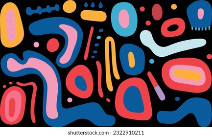 colorful geometric lines on a black background, in the style of whimsical doodles, bold brush strokes, jean arp, rectangular fields, minimalist palette