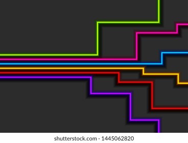 Colorful geometric lines with shadow on dark grey background. Vector illustration of neon laser rays. Tech retro modern design