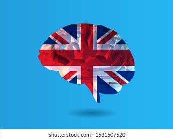 Colorful geometric low poly brain with United kingdom flag texture vector illustration isolated on blue background