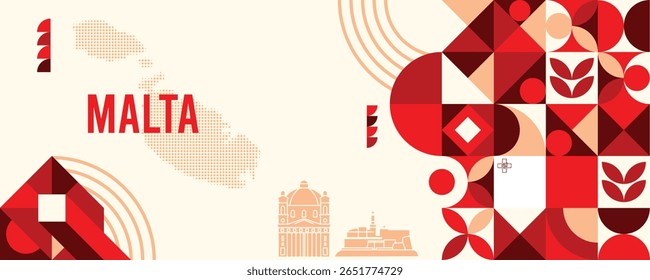 Colorful Geometric Malta Banner with Cultural Symbols and Flag Elements