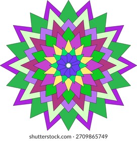 Colorful geometric mandala artwork featuring vibrant abstract floral inspired design