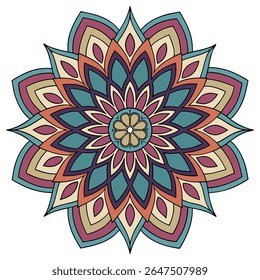 Colorful geometric mandala design. Intricate abstract pattern with teal, purple, and orange tones, perfect for decorative and spiritual projects.