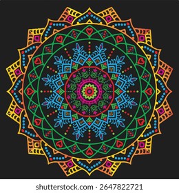 Colorful geometric mandala pattern. Ideal for spiritual themes, textiles, and backgrounds.