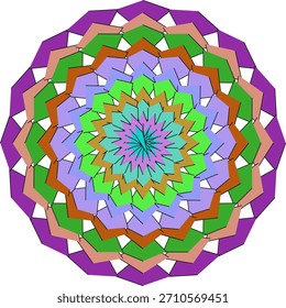 Patrón de mandala geométrico colorido con detalles intrincados y tonos vibrantes que crean un diseño visualmente atractivo y simétrico
