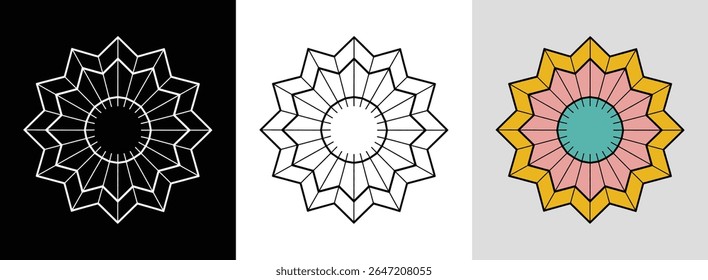 Mandala geométrica colorida com simetria radial e tons brilhantes pastel para decoração moderna.