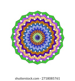 Un mandala geométrico colorido con patrones triangulares repetitivos y simetría radial