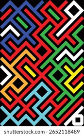 Design colorido do labirinto geométrico com linhas de interseção e padrões vibrantes