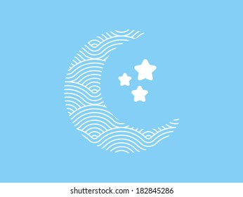 Colorful geometric moon with stars shape symbol described by seamless repetitive vector curvy waves pattern texture background vector graphic illustration isolated on white background