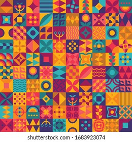 Fondo de mosaico geométrico y colorido. Patrón veloz con triángulo, cuadrado, círculo. Afiche de arte minimalista con forma y figura sencillas. Diseño para banner web, impresión y otros.