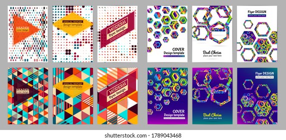 Colorful geometric mosaic covers design. Triangle multicolor pattern. Eps10 brochure vector set. Abstract hexagon background templates.