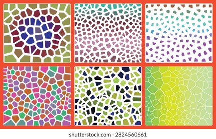 Colorful geometric mosaic patterns with varied polygonal shapes and vibrant hues for artistic projects