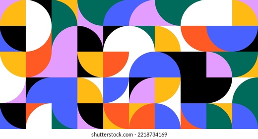 Colorful geometric mosaic seamless pattern illustration with creative abstract shapes. Modern scandinavian style background print. Trendy bright symbols and minimalist shape texture, geometry collage.