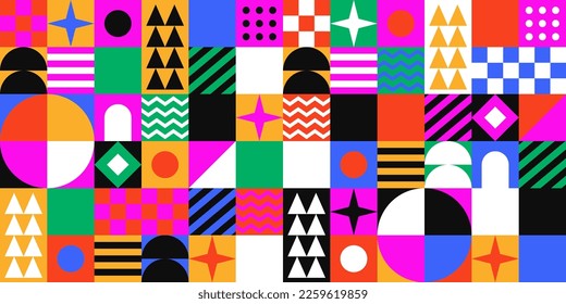 Colorful geometric mosaic seamless pattern illustration with creative abstract shapes. Modern scandinavian style background print. Trendy bright symbols and minimalist shape texture, geometry collage.