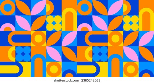 Colorful geometric mosaic seamless pattern illustration with creative abstract shapes. Modern scandinavian style background print. Trendy bright symbols and minimalist shape texture, geometry collage.