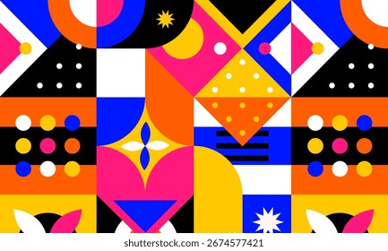 Colorful geometric mosaic seamless pattern illustration with creative abstract shapes. Modern scandinavian style background print. Trendy bright symbols and minimalist shape texture, geometry collage.