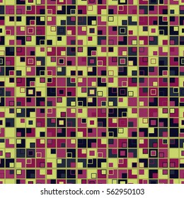 Colorful geometric mosaic seamless pattern. The multicolored squares are arranged on a light olive background. Useful as design element for texture and artistic composition.