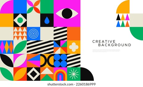 Ilustración de la plantilla web de mosaicos geométricos coloridos con formas abstractas creativas. Moderno fondo de estilo escandinavo. Símbolos brillantes y textura de forma minimalista, collage de geometría.