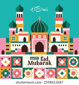 Colorful geometric mosque landscape pattern with cheerful pattern, minimalist Ramadan Kareem, colorful horizontal Eid al-Fitr poster