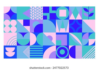 Colorful geometric neo geo vector poster made of squares and circles. Modern mesh flyer with geometric shapes, geometric graphics and abstract background vector set. Geometric grid banner bright pres