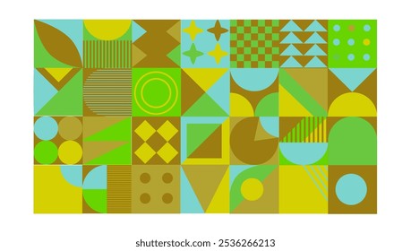 Colorful geometric neo geo vector poster made of green, blue, yellow, mustard squares and circles. Modern mesh flyer with geometric shapes, geometric graphics and abstract background vector set. 