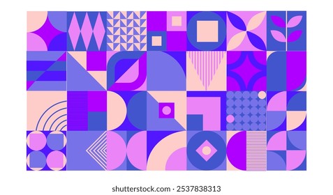 Colorful geometric neo geo vector poster made of purple, blue, cyan, pink, yellow squares and circles. Modern mesh flyer with geometric shapes, geometric graphics and abstract background vector se