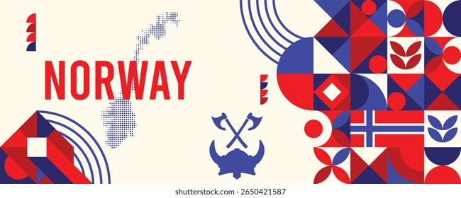 Banner geométrico colorido da Noruega com símbolos culturais e elementos de bandeira
