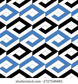 Colorful geometric overlay seamless pattern, symmetric endless vector background with intertwine blue lines. Abstract concept splicing covering.

