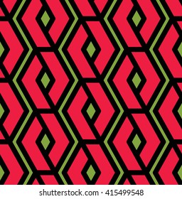 Sobrecarga geométrica colorida sin costuras, fondo vectorial intermétrico con líneas rojas entrelazadas. Resumen de la cobertura de empalme artístico.
