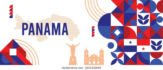 Colorful Geometric Panama Banner with Cultural Symbols and Flag Elements