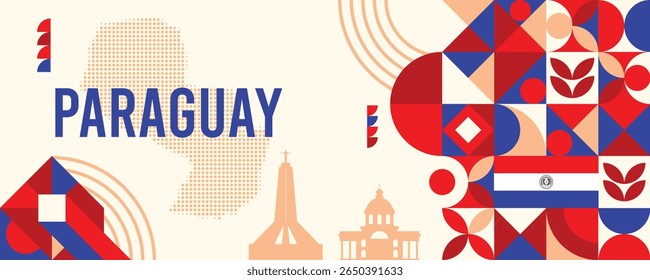 Colorful Geometric Paraguay Banner with Cultural Symbols and Flag Elements