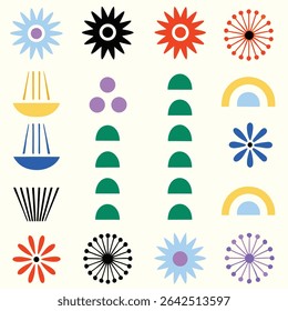Colorful Geometric Pattern with Abstract Flowers and Shapes