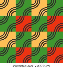 Colorful geometric pattern with alternating yellow, green, and red squares with bold black semi circle lines in African traditional colors. Black history month illustration for background